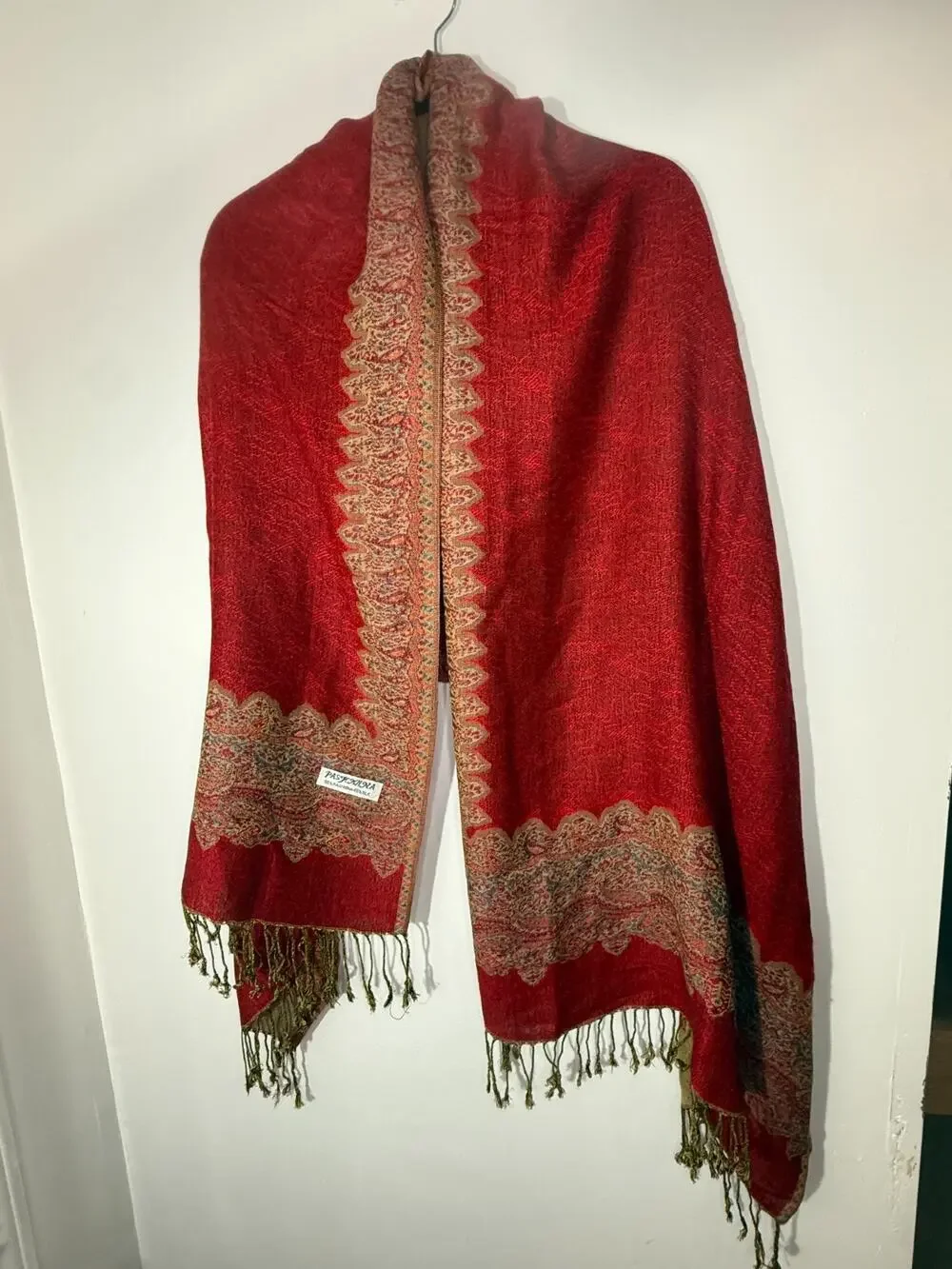 Pashmina Cashmere Silk Shawl Scarf Red Paisley Fringe Wrap 55% Cashmere
